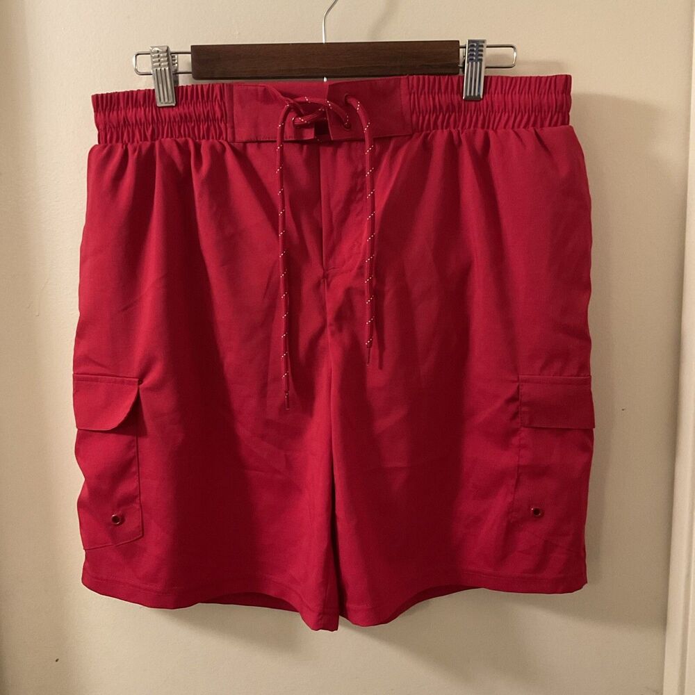 OP, Mens Solid Red Stretch Poly Knit Lined Board Shorts Swim Trunks Sz M